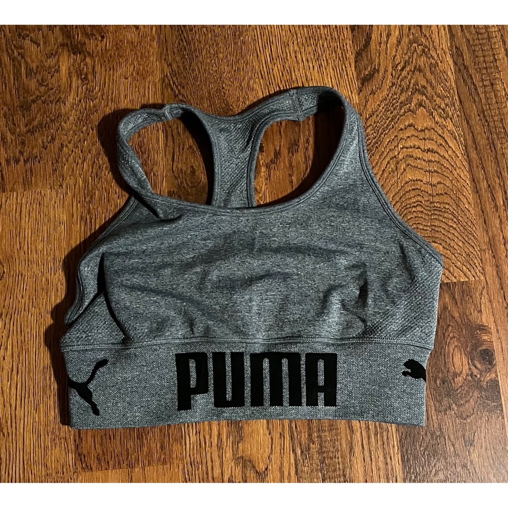 Puma Womens Grey Heathered Racerback Sports Bra Logo Band Medium Impact Gym Top
